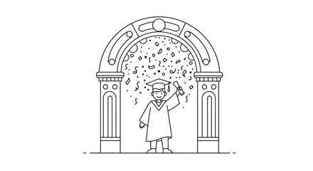 Graduation celebration with student in cap and gown under arch
