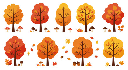 Autumn trees and mushrooms in flat design with vibrant fall colors