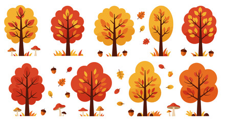 Autumn trees collection with vibrant foliage and seasonal elements