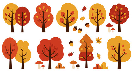 Autumn trees and foliage collection with seasonal elements in flat design style