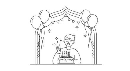 Minimalist birthday celebration with cake and balloons in black and white