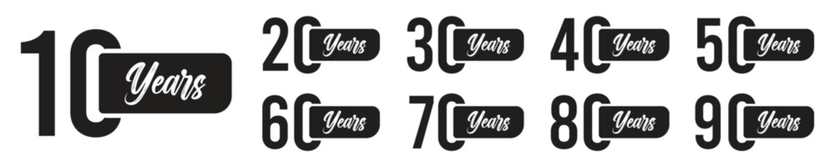 Collection of isolated anniversary logo numbers with ribbon vector illustration