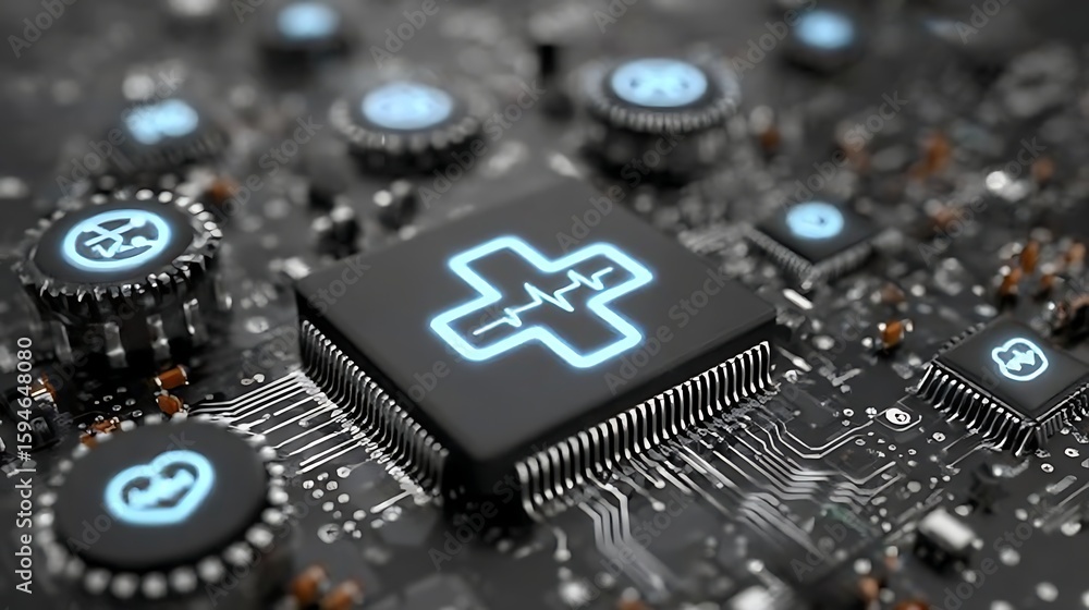 Aufkleber close-up view of a computer circuit board with illuminated medical symbols.