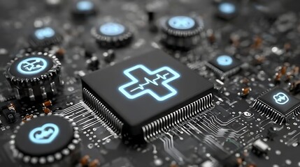 Close-up view of a computer circuit board with illuminated medical symbols.