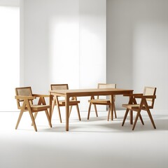 Minimalist dining room set featuring a wooden table and four matching chairs with woven rattan seats and armrests, set against a bright white interior.