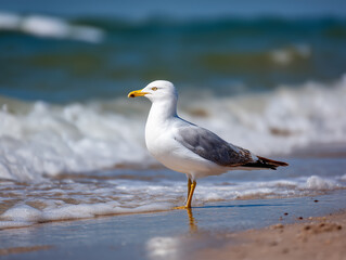 Obraz premium Seagull Standing on Tropical Beach with Turquoise Sea 