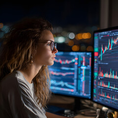 Focused Woman Analyzing Financial Data on Multiple Computer Screens at Night