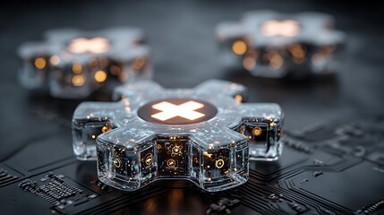 Three futuristic, translucent, gear-shaped objects with glowing centers rest on a dark, textured surface resembling a circuit board.