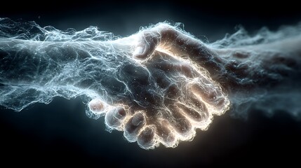 Ethereal handshake depicted with glowing particles and wispy smoke, symbolizing connection, agreement, or partnership in a digital or abstract realm.