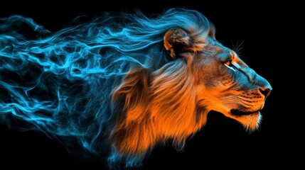 Majestic lion's head profile with vibrant blue and orange smoke-like mane against black background.