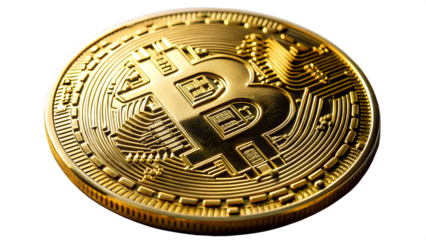 A closeup, isolated view of a shiny golden bitcoin coin, symbolizing digital currency and investment isolated on transparent background