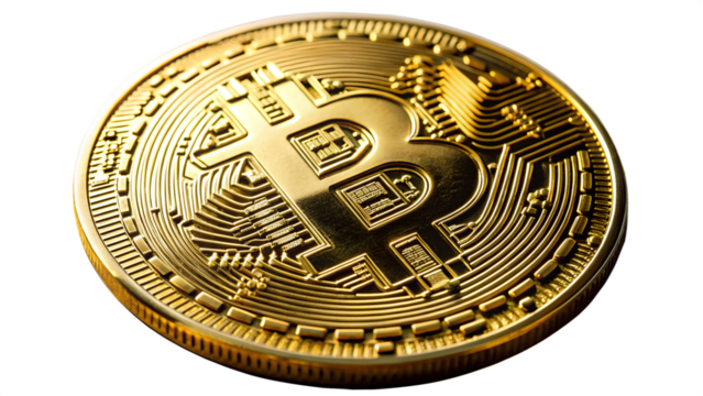 A closeup, isolated view of a shiny golden bitcoin coin, symbolizing digital currency and investment isolated on transparent background