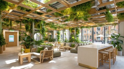 Fototapeta premium Modern, airy, plant-filled interior space with comfortable seating.