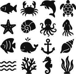 aquatic animal black icons, sea world silhouette, nautical icon vector