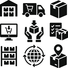 ecommerce icons set, logistics icons vector, solid ecommerce silhouette, d