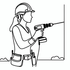 Female Construction Worker Using Drill One Line Art Vector