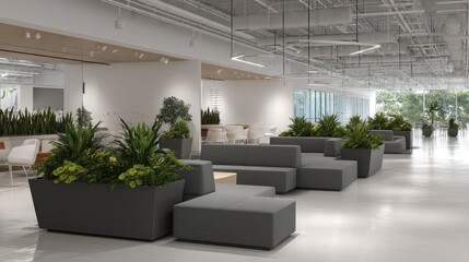 Fototapeta premium Modern open-plan office area with comfortable seating and greenery.