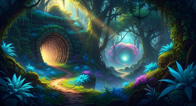 A winding path leads through an enchanted fantasy forest with glowing mushrooms, bioluminescent plants, and magical flora, creating a surreal and mystical landscape perfect for whimsical adventures an - Powered by Adobe