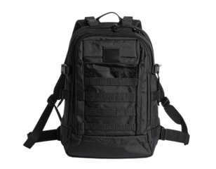 Black tactical backpack, isolated on white background, perfect for outdoor, military, or travel themes.