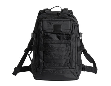 Black tactical backpack, isolated on white background, perfect for outdoor, military, or travel themes.