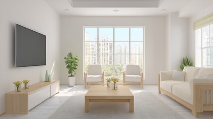 Fototapeta premium Modern light-filled living room with light wood furniture.