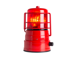Red emergency beacon with flashing light, isolated on white, for safety, warning, and signaling in critical situations.
