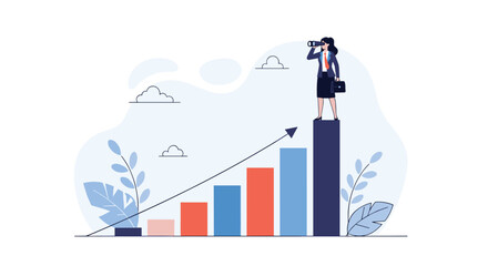 A business professional stands on top of a bar graph looking through binoculars with a rising arrow indicating growth and success