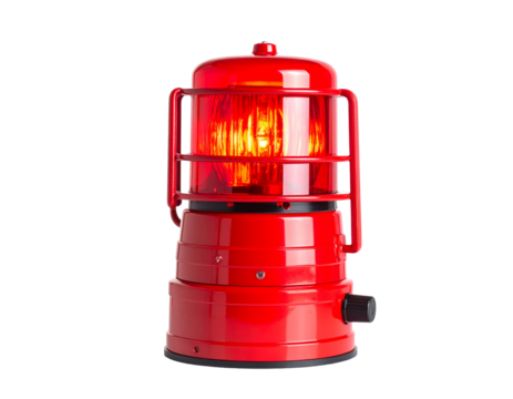 Red emergency beacon with flashing light, isolated on white, for safety, warning, and signaling in critical situations.