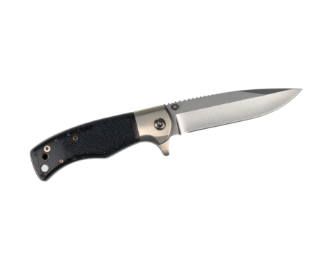 Tactical survival knife with black handle, isolated on white, ideal for outdoor, camping, and emergency use.