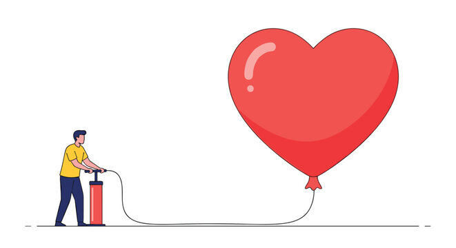Man is inflating a large red heart shaped balloon using a pump to celebrate love and romance