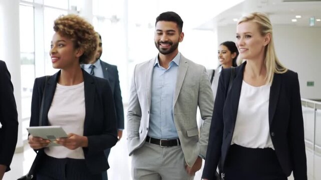 Group of diverse professional colleagues talking walking in modern office, happy friendly african female and caucasian male coworker having conversation discuss project going along business work space