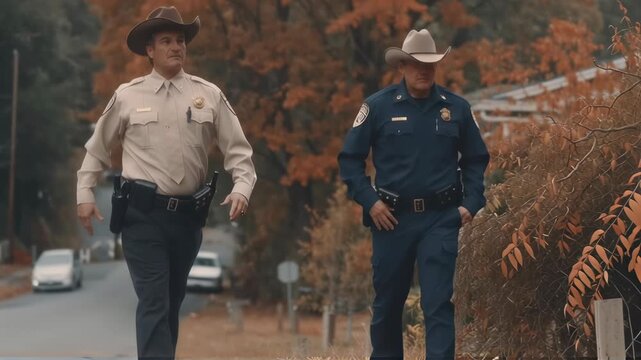 Two law enforcement officers patrolling rural road in autumn. Small town sheriff and deputy on duty. Community policing in countryside setting with fall foliage.