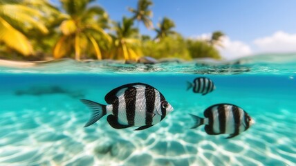 Obraz premium Zebra striped fish gliding through turquoise shallows beside tropical shoreline fringed with palms