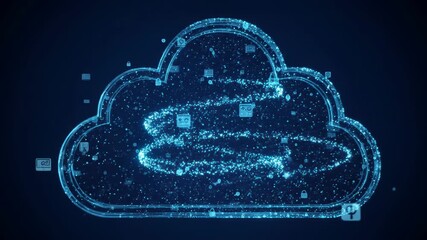A neon-blue cloud shape with data icons and a flowing trail of light within, on a dark backdrop, suggesting a digital cloud - Powered by Adobe