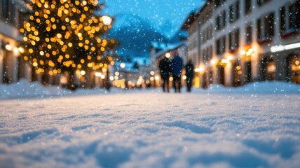 Fototapeta premium Snowflakes festive over urban street during behind season, sparkling christmas tree in foreground, blurred city dwellers walking drifting