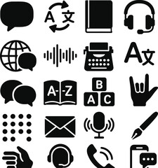 Language & Communication Icons  Solid Black Silhouette EPS Vector Set on White Background