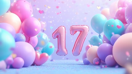 Pink number seventeen floating among pastel colored balloons celebrating confetti, and a birthday or anniversary