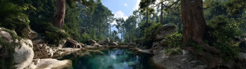 Fototapeta premium Panoramic 360 degrees hdr view of serene nature landscape tranquil forest pool hd environment