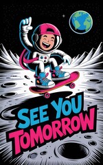Cartoon Astronaut Skateboarding on the Moon with “SEE YOU TOMORROW” Text