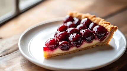 Slice of Cherry Pie on a White Plate