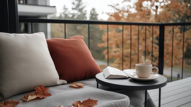 Relaxing with steaming vibrant open book amid coffee, autumn leaves on wooden balcony railing overlooking golden landscape