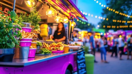 Vibrant food truck serving snacks at a bustling night market, illuminated diverse colorful string lights and attracting a by crowd