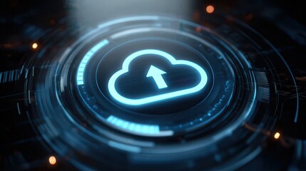 Cloud storage icon with data upload progress close up, storage theme, realistic, overlay, digital interface backdrop.