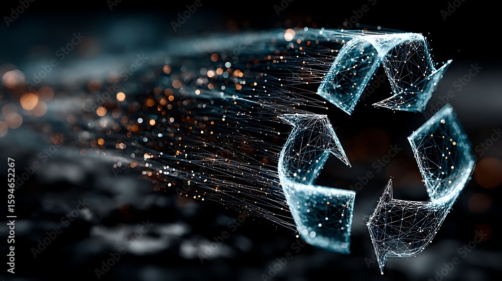 Aufkleber digital representation of the recycling symbol with flowing lines and glowing particles, symbolizing