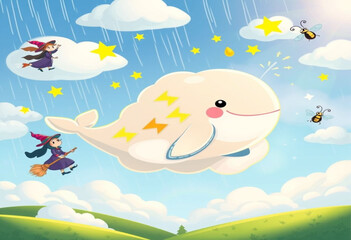 Obraz premium Magical Flying Whale with Cute Witches and Stars – Fantasy Cartoon Vector Illustration