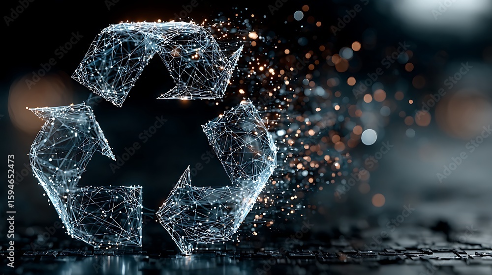 Aufkleber abstract digital rendering of a recycling symbol, composed of interconnected lines and particles, su