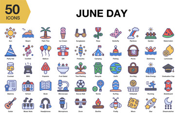 June Day flat icon set. Includes day, summer, sunlight, warm, nature, and More. Flat icons vector collection.