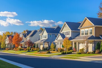 high-end suburban homes lined up on peaceful street, sunny afternoon