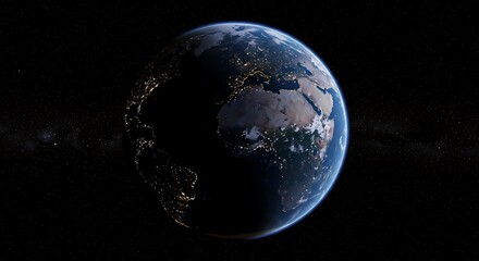 Fototapeta premium Earth glows with city lights at night, revealing the distribution of civilization across the continents from a cosmic perspective