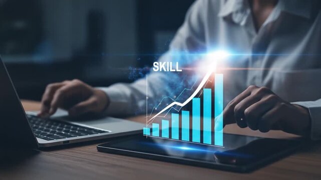 Up skill and personal development concept. employee pointing arrow to upskill or reskill, kill training, education, learning, ability, knowledge and competency for digital transformation.